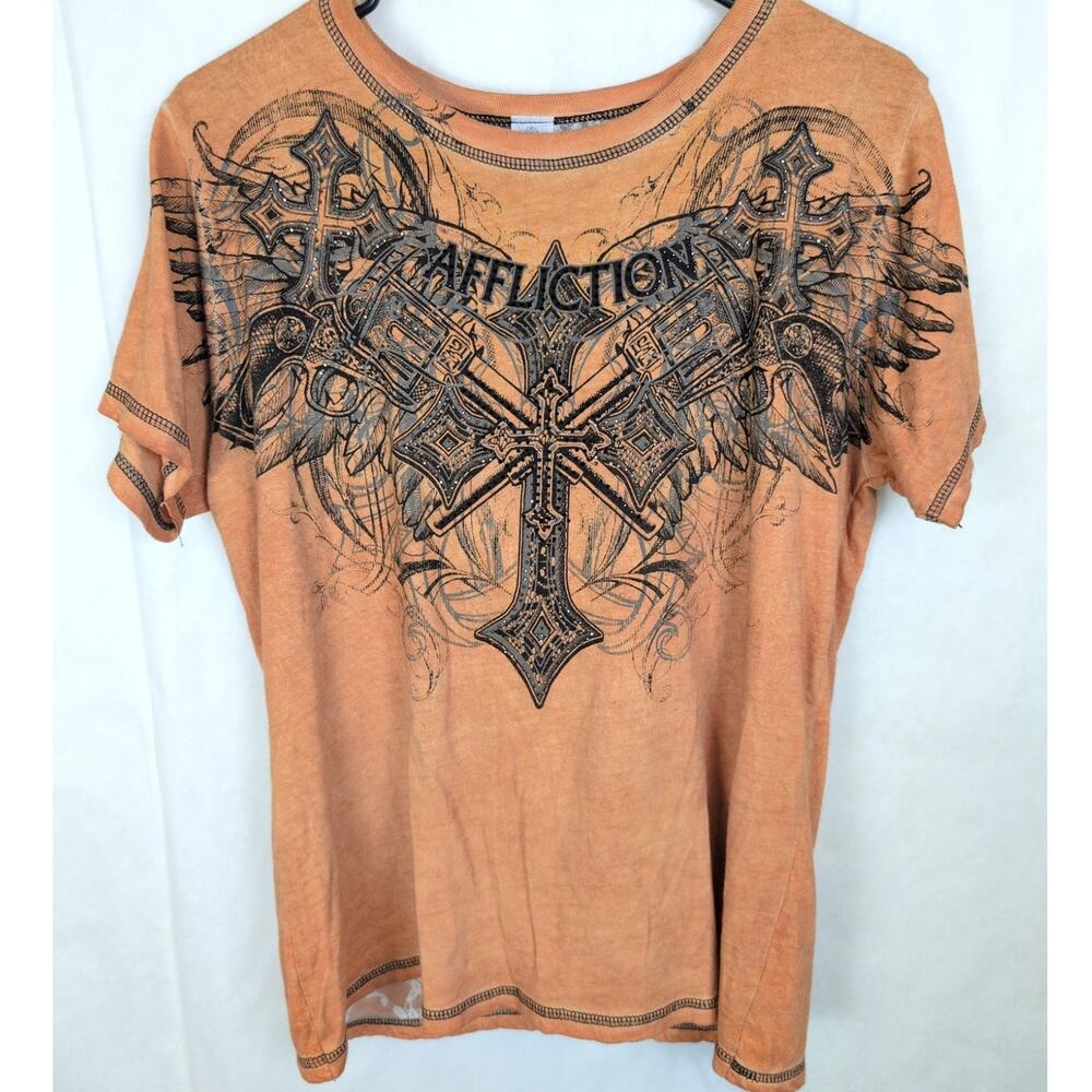 Affliction brown rhinestone wings cutout lace back top Size XL Grunge Y2K Biker